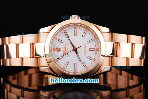 Rolex Milgauss Automatic Movement with White Dial and Full Rose Gold Bezel-Case and Strap - Click Image to Close